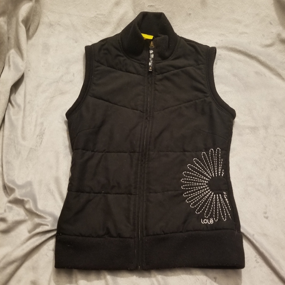 Lole black embroidered full zip quilted vest Sz XS